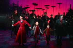 Step In Time Ashley Brown as 'Mary Poppins,' Katherine Leigh Doherty as 'Jane Banks,' ALexander SCheitinger as 'Michael Banks,' Gavin Lee as 'Bert,' and the original Broadway company of MARY POPPINS. Photo by Joan Marcus