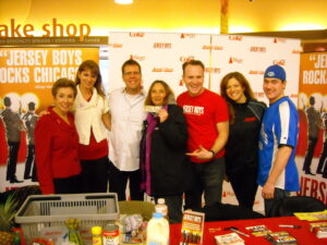 jewel-promo-2-12-09-016 Dr. Sandy Goldberg (NBC5), Kim Kirchherr (Jewel-Osco Dietician), Bryan Peck (WILV-FM), Contest Winner Jay and Jersey Boys Cast Members Jared Bradshaw, Alyana Gallo, Ryan Quinn West
